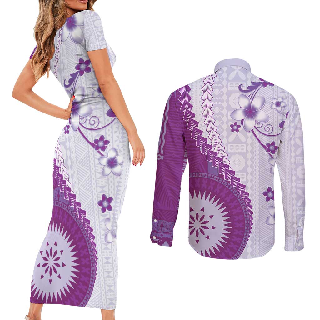 Bula Fiji Couples Matching Short Sleeve Bodycon Dress and Long Sleeve Button Shirt Violet Plumeria Masi Tapa Pattern - Polynesian Pride