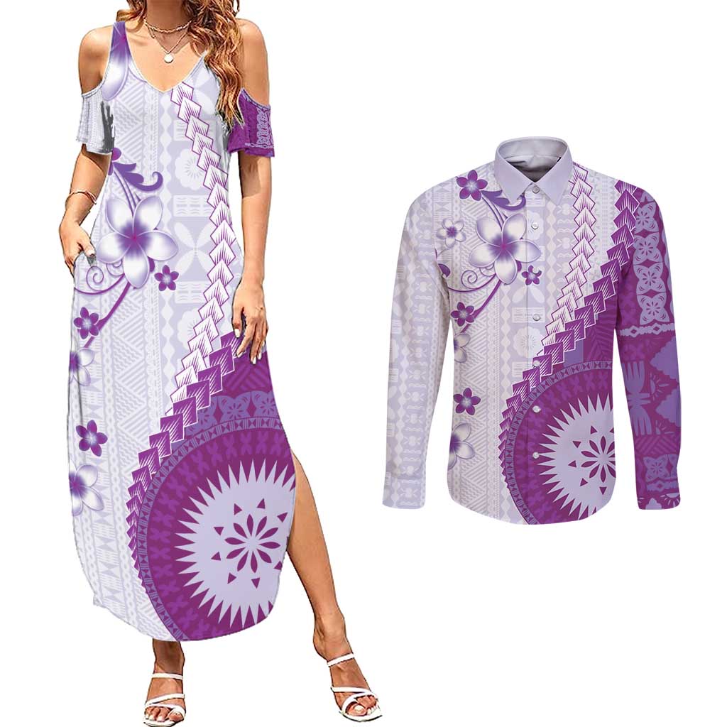 Bula Fiji Couples Matching Summer Maxi Dress and Long Sleeve Button Shirt Violet Plumeria Masi Tapa Pattern - Polynesian Pride