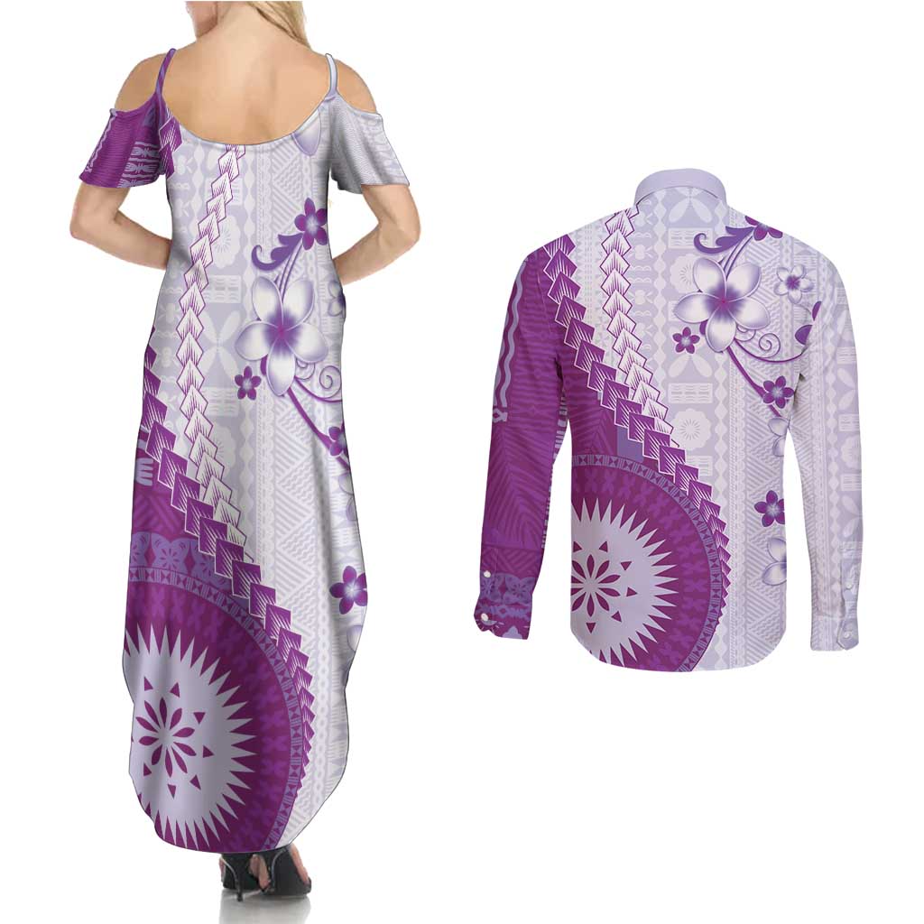 Bula Fiji Couples Matching Summer Maxi Dress and Long Sleeve Button Shirt Violet Plumeria Masi Tapa Pattern - Polynesian Pride