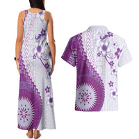 Bula Fiji Couples Matching Tank Maxi Dress and Hawaiian Shirt Violet Plumeria Masi Tapa Pattern - Polynesian Pride