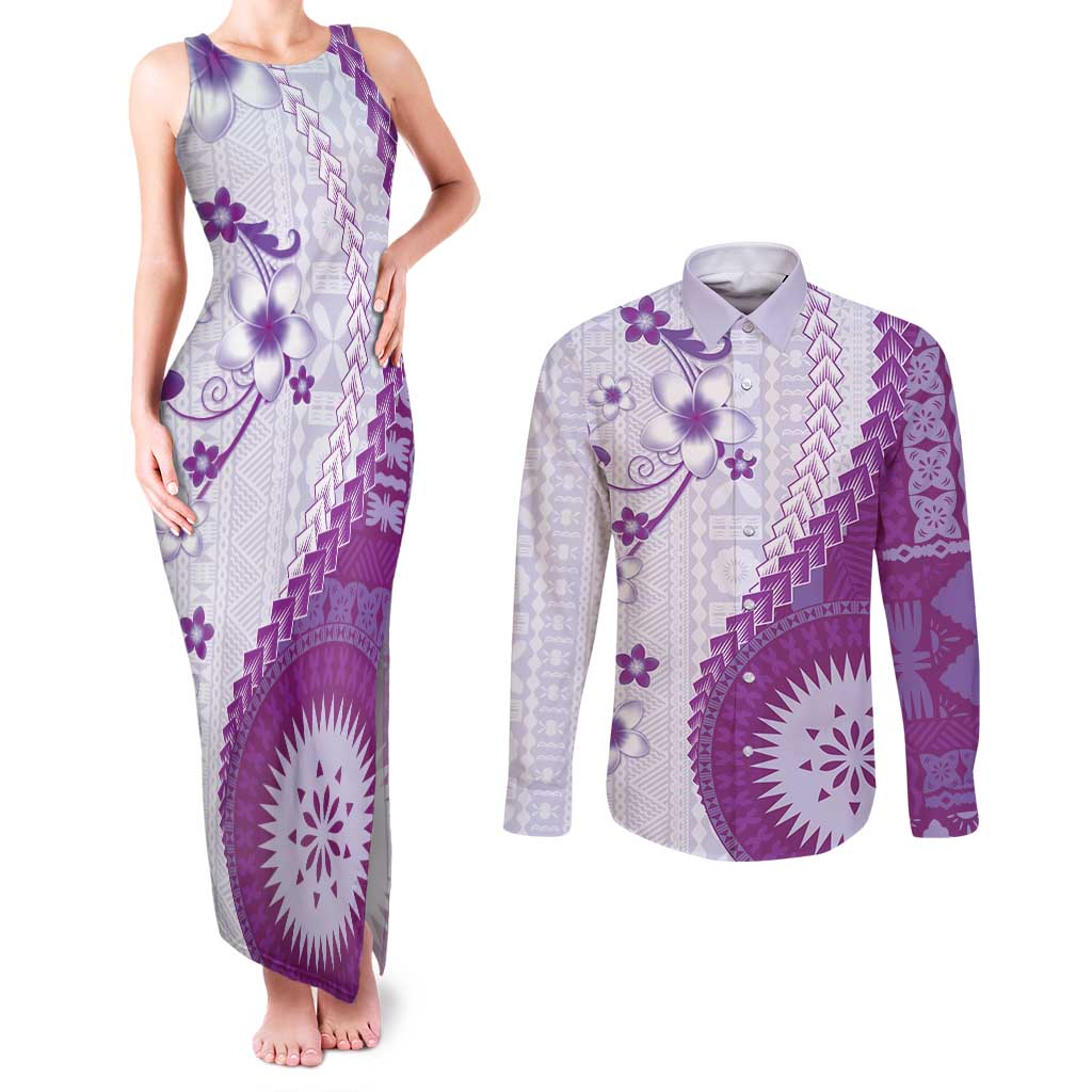 Bula Fiji Couples Matching Tank Maxi Dress and Long Sleeve Button Shirt Violet Plumeria Masi Tapa Pattern - Polynesian Pride