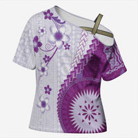 Bula Fiji Cross Shoulder Shirt Violet Plumeria Masi Tapa Pattern - Polynesian Pride