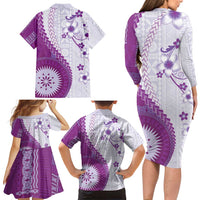 Bula Fiji Family Matching Long Sleeve Bodycon Dress and Hawaiian Shirt Violet Plumeria Masi Tapa Pattern - Polynesian Pride