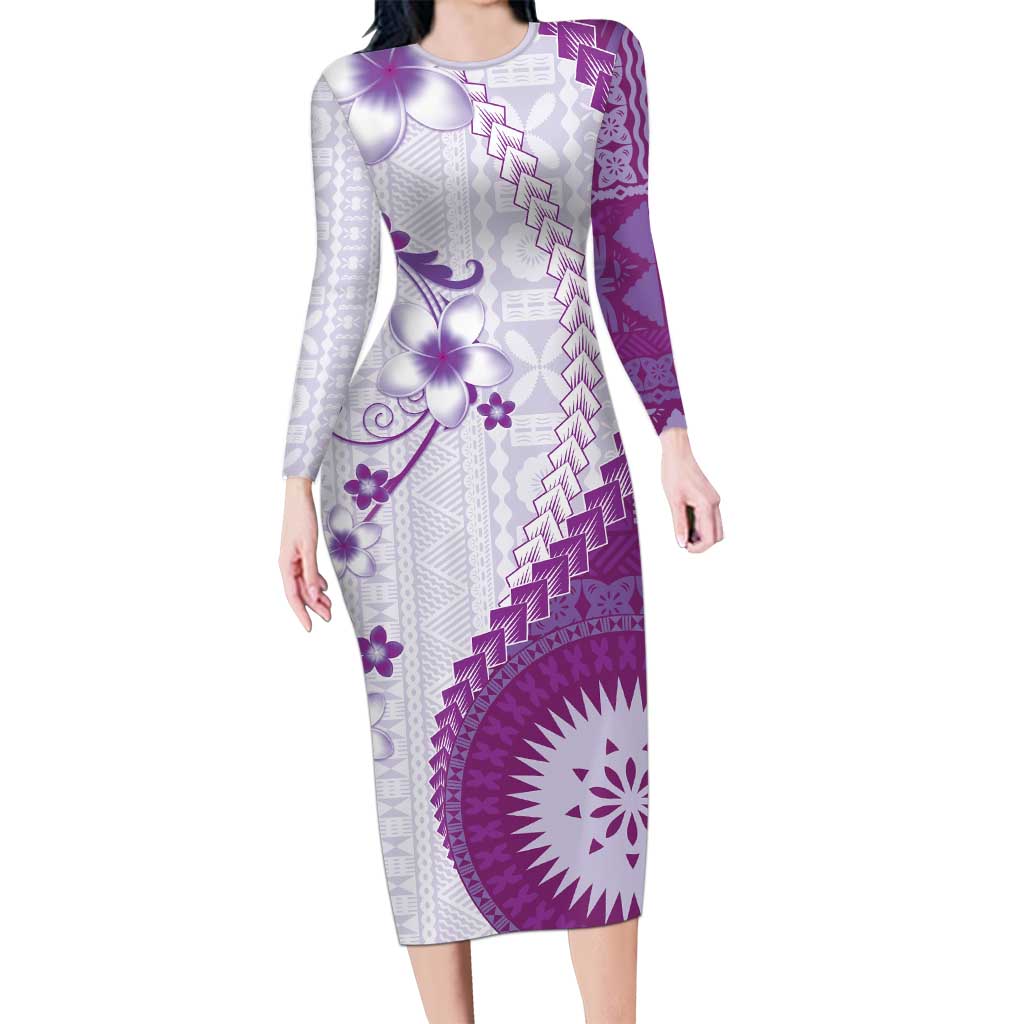 Bula Fiji Family Matching Long Sleeve Bodycon Dress and Hawaiian Shirt Violet Plumeria Masi Tapa Pattern - Polynesian Pride