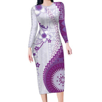 Bula Fiji Family Matching Long Sleeve Bodycon Dress and Hawaiian Shirt Violet Plumeria Masi Tapa Pattern - Polynesian Pride