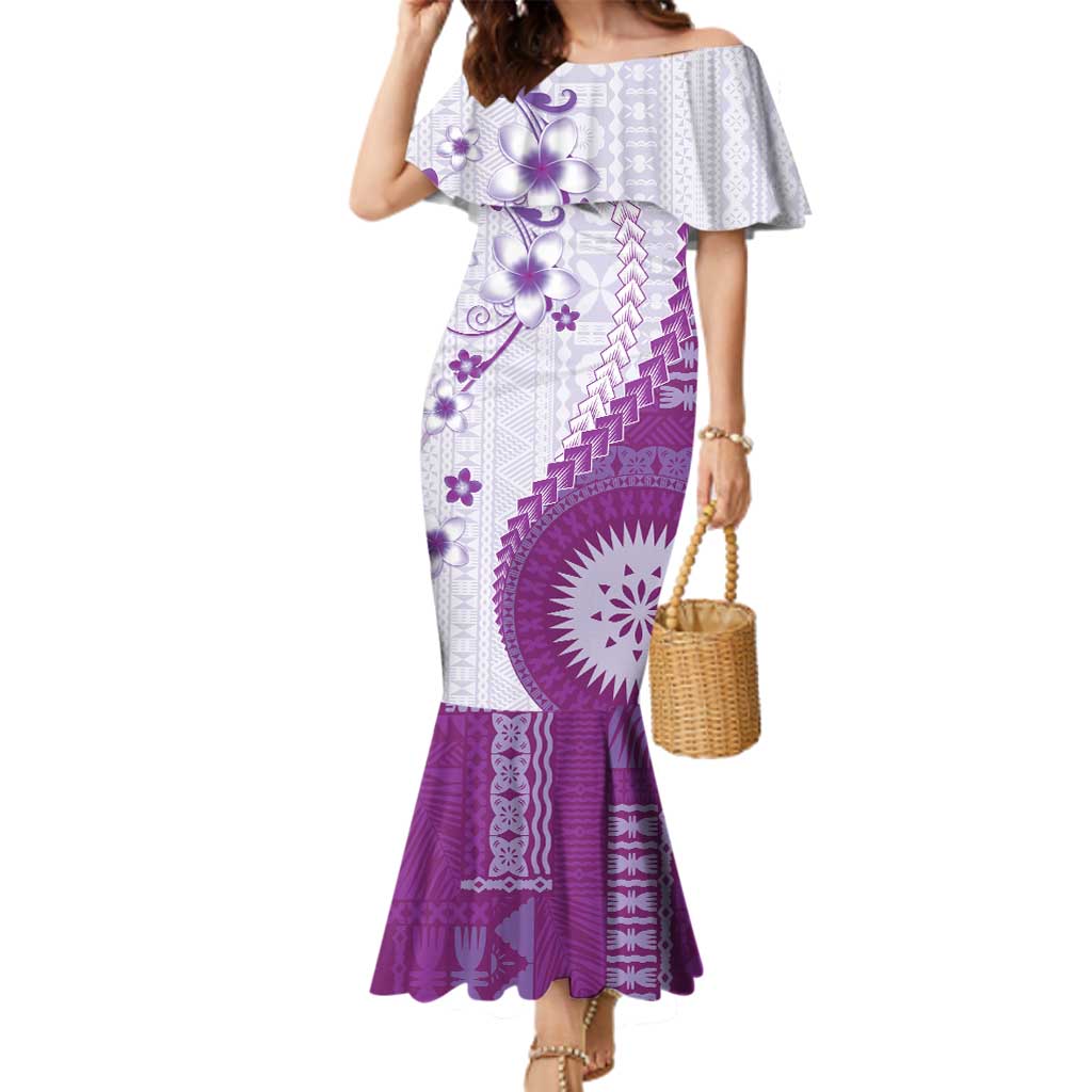 Bula Fiji Family Matching Mermaid Dress and Hawaiian Shirt Violet Plumeria Masi Tapa Pattern - Polynesian Pride