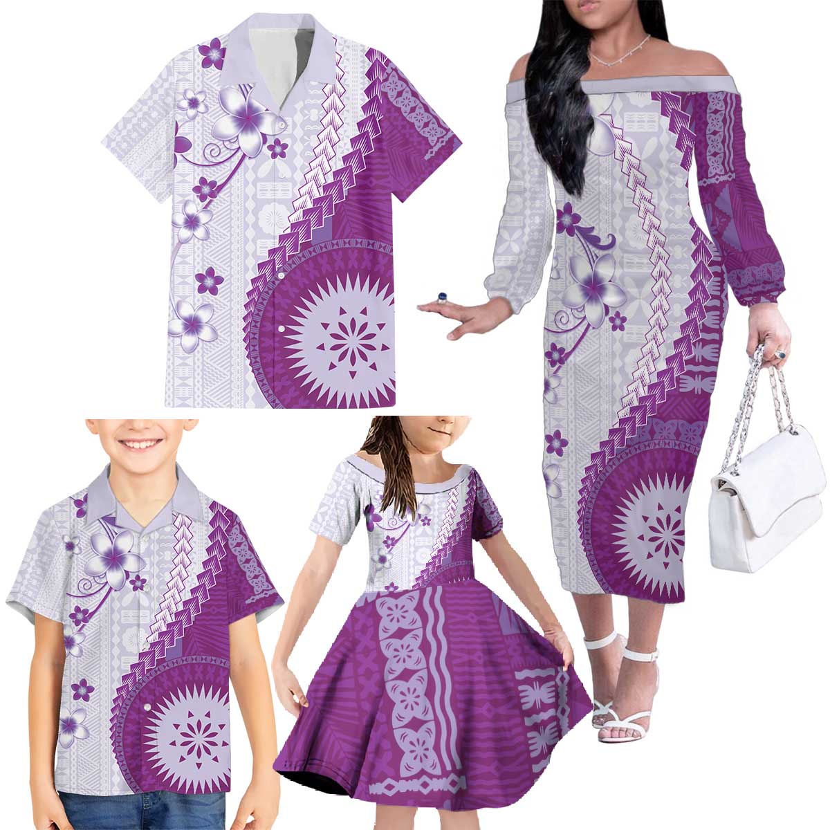 Bula Fiji Family Matching Off The Shoulder Long Sleeve Dress and Hawaiian Shirt Violet Plumeria Masi Tapa Pattern - Polynesian Pride