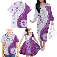Bula Fiji Family Matching Off The Shoulder Long Sleeve Dress and Hawaiian Shirt Violet Plumeria Masi Tapa Pattern - Polynesian Pride