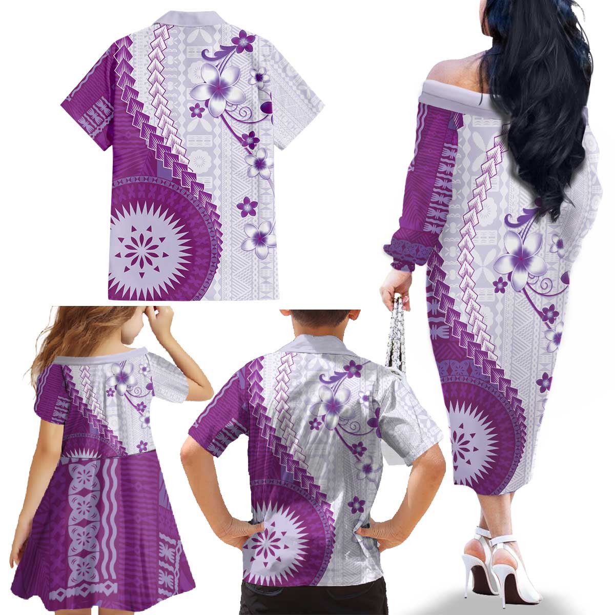 Bula Fiji Family Matching Off The Shoulder Long Sleeve Dress and Hawaiian Shirt Violet Plumeria Masi Tapa Pattern - Polynesian Pride