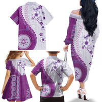 Bula Fiji Family Matching Off The Shoulder Long Sleeve Dress and Hawaiian Shirt Violet Plumeria Masi Tapa Pattern - Polynesian Pride