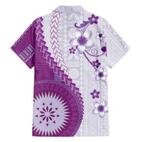 Bula Fiji Family Matching Off The Shoulder Long Sleeve Dress and Hawaiian Shirt Violet Plumeria Masi Tapa Pattern - Polynesian Pride