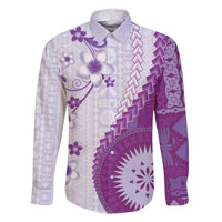Bula Fiji Family Matching Off The Shoulder Long Sleeve Dress and Hawaiian Shirt Violet Plumeria Masi Tapa Pattern - Polynesian Pride