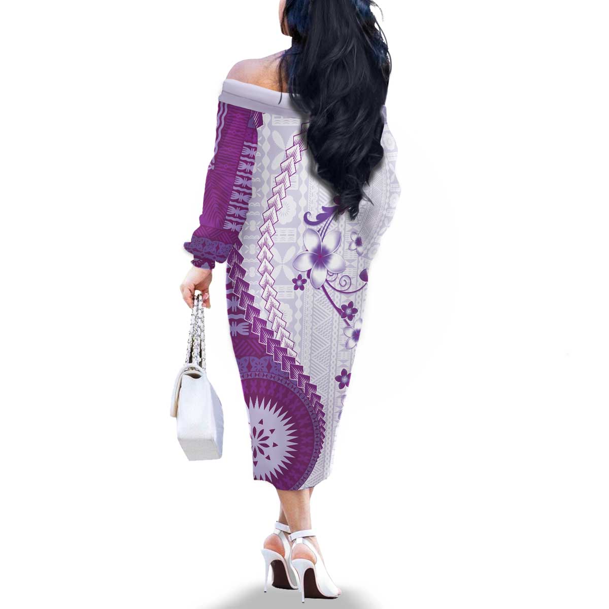 Bula Fiji Family Matching Off The Shoulder Long Sleeve Dress and Hawaiian Shirt Violet Plumeria Masi Tapa Pattern - Polynesian Pride