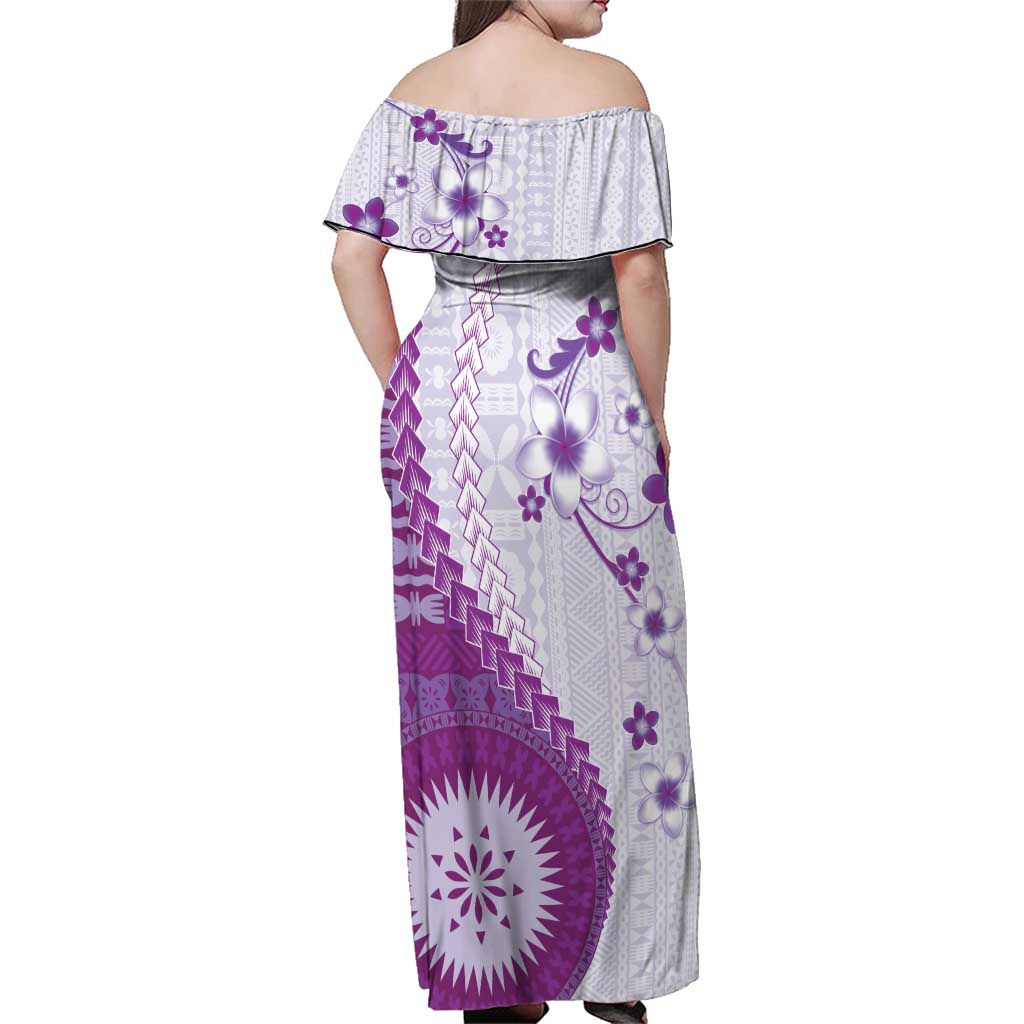 Bula Fiji Family Matching Off Shoulder Maxi Dress and Hawaiian Shirt Violet Plumeria Masi Tapa Pattern - Polynesian Pride