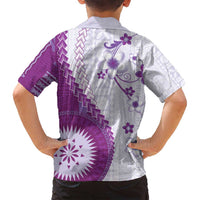 Bula Fiji Family Matching Off Shoulder Short Dress and Hawaiian Shirt Violet Plumeria Masi Tapa Pattern - Polynesian Pride