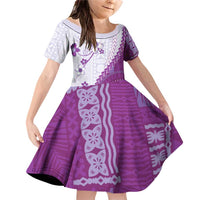 Bula Fiji Family Matching Off Shoulder Short Dress and Hawaiian Shirt Violet Plumeria Masi Tapa Pattern - Polynesian Pride