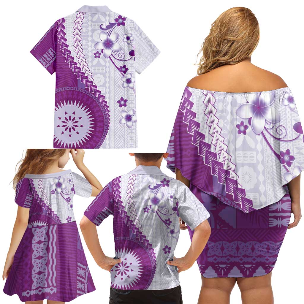 Bula Fiji Family Matching Off Shoulder Short Dress and Hawaiian Shirt Violet Plumeria Masi Tapa Pattern - Polynesian Pride