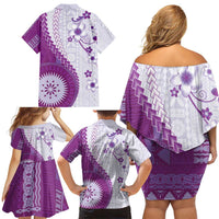 Bula Fiji Family Matching Off Shoulder Short Dress and Hawaiian Shirt Violet Plumeria Masi Tapa Pattern - Polynesian Pride