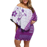 Bula Fiji Family Matching Off Shoulder Short Dress and Hawaiian Shirt Violet Plumeria Masi Tapa Pattern - Polynesian Pride