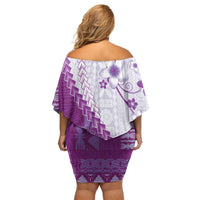 Bula Fiji Family Matching Off Shoulder Short Dress and Hawaiian Shirt Violet Plumeria Masi Tapa Pattern - Polynesian Pride