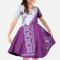 Bula Fiji Family Matching Puletasi and Hawaiian Shirt Violet Plumeria Masi Tapa Pattern LT05 Daughter's Dress Violet - Polynesian Pride