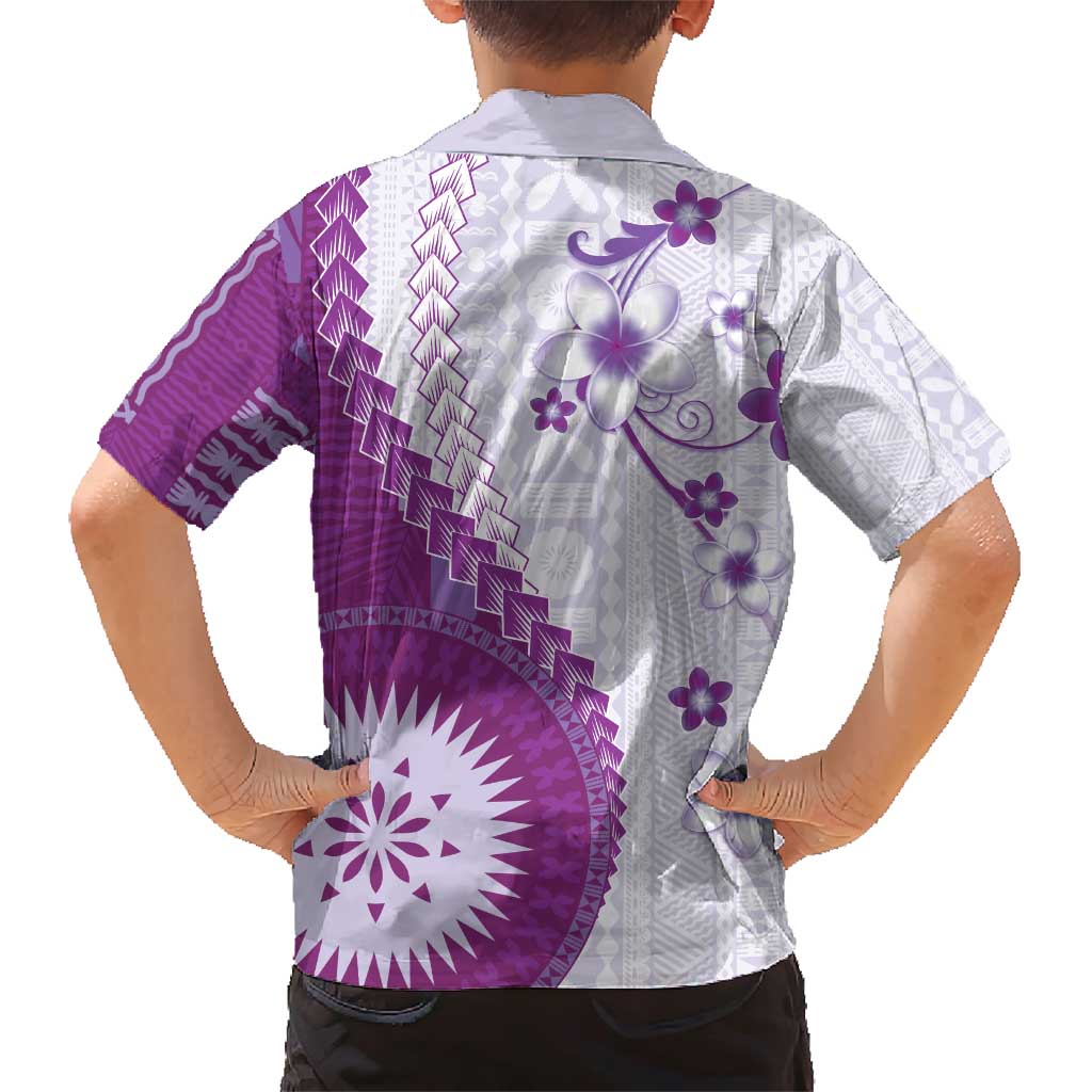 Bula Fiji Family Matching Short Sleeve Bodycon Dress and Hawaiian Shirt Violet Plumeria Masi Tapa Pattern - Polynesian Pride