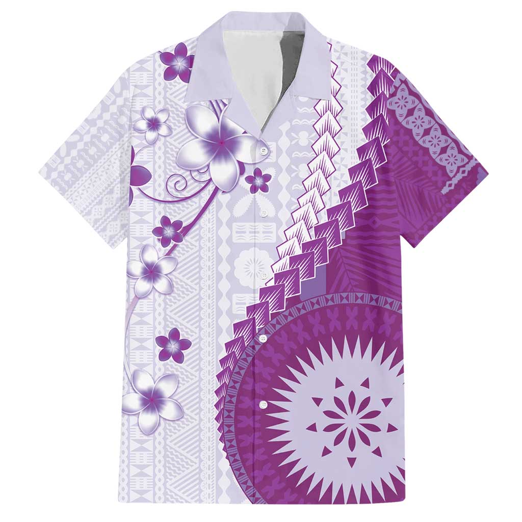 Bula Fiji Family Matching Short Sleeve Bodycon Dress and Hawaiian Shirt Violet Plumeria Masi Tapa Pattern - Polynesian Pride