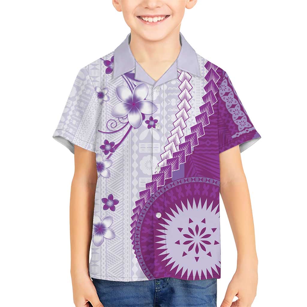 Bula Fiji Family Matching Short Sleeve Bodycon Dress and Hawaiian Shirt Violet Plumeria Masi Tapa Pattern - Polynesian Pride
