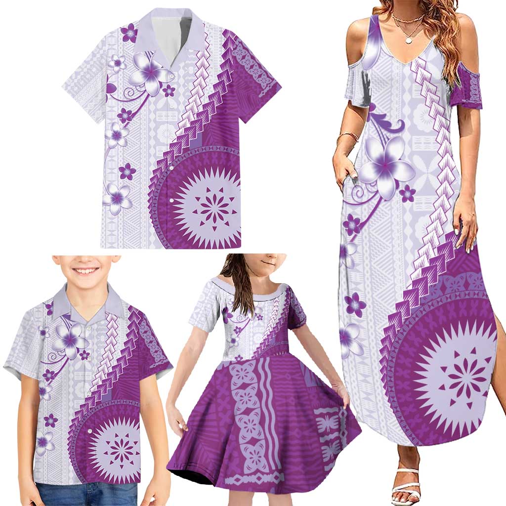 Bula Fiji Family Matching Summer Maxi Dress and Hawaiian Shirt Violet Plumeria Masi Tapa Pattern - Polynesian Pride