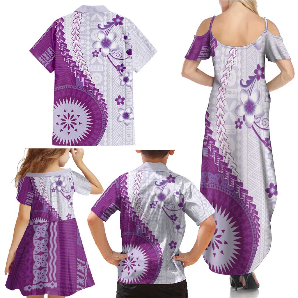 Bula Fiji Family Matching Summer Maxi Dress and Hawaiian Shirt Violet Plumeria Masi Tapa Pattern - Polynesian Pride