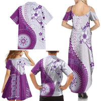 Bula Fiji Family Matching Summer Maxi Dress and Hawaiian Shirt Violet Plumeria Masi Tapa Pattern - Polynesian Pride