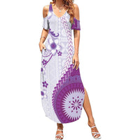 Bula Fiji Family Matching Summer Maxi Dress and Hawaiian Shirt Violet Plumeria Masi Tapa Pattern - Polynesian Pride