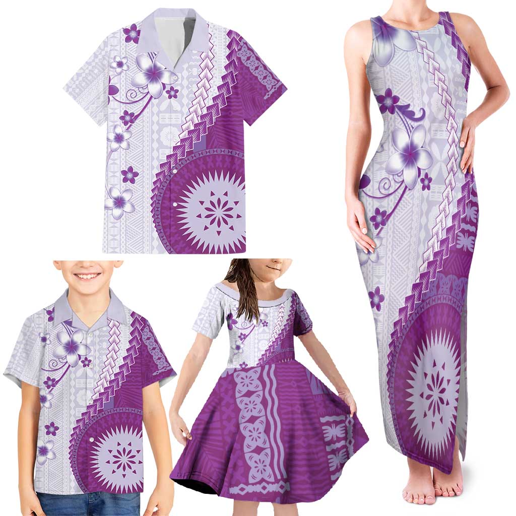 Bula Fiji Family Matching Tank Maxi Dress and Hawaiian Shirt Violet Plumeria Masi Tapa Pattern - Polynesian Pride