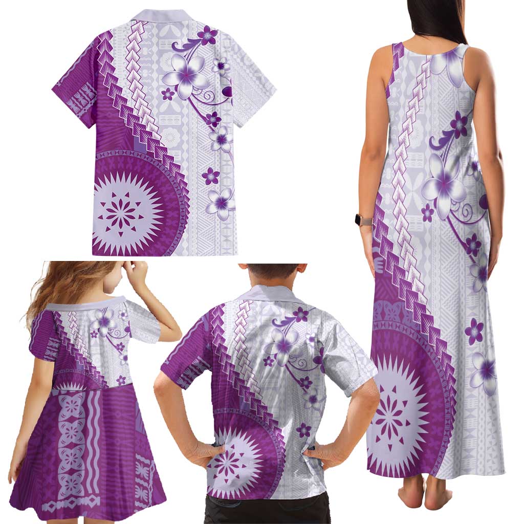 Bula Fiji Family Matching Tank Maxi Dress and Hawaiian Shirt Violet Plumeria Masi Tapa Pattern - Polynesian Pride