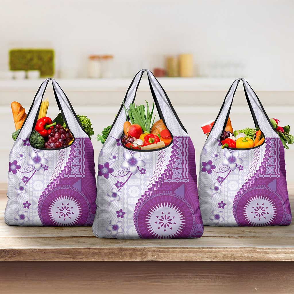 Bula Fiji Grocery Bag Violet Plumeria Masi Tapa Pattern LT05 3-pack One Size Violet - Polynesian Pride