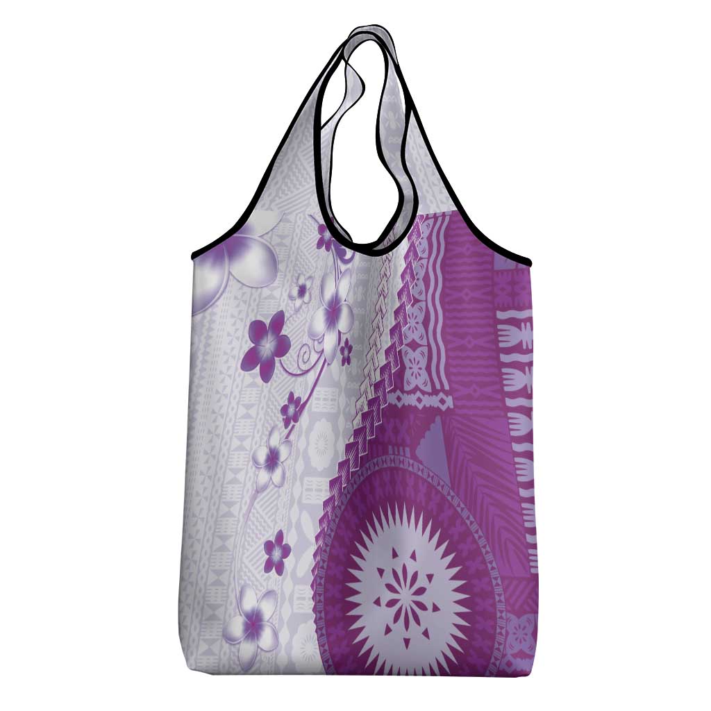 Bula Fiji Grocery Bag Violet Plumeria Masi Tapa Pattern LT05 - Polynesian Pride
