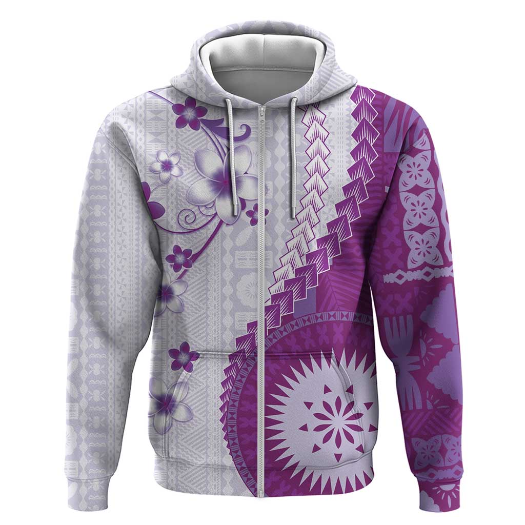 Bula Fiji Hoodie Violet Plumeria Masi Tapa Pattern LT05 Zip Hoodie Violet - Polynesian Pride