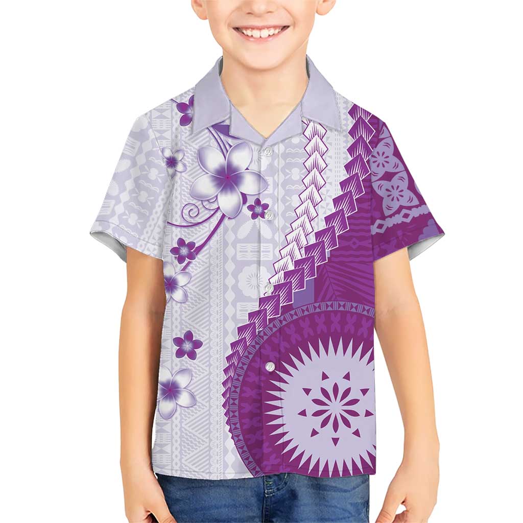 Bula Fiji Kid Hawaiian Shirt Violet Plumeria Masi Tapa Pattern - Polynesian Pride