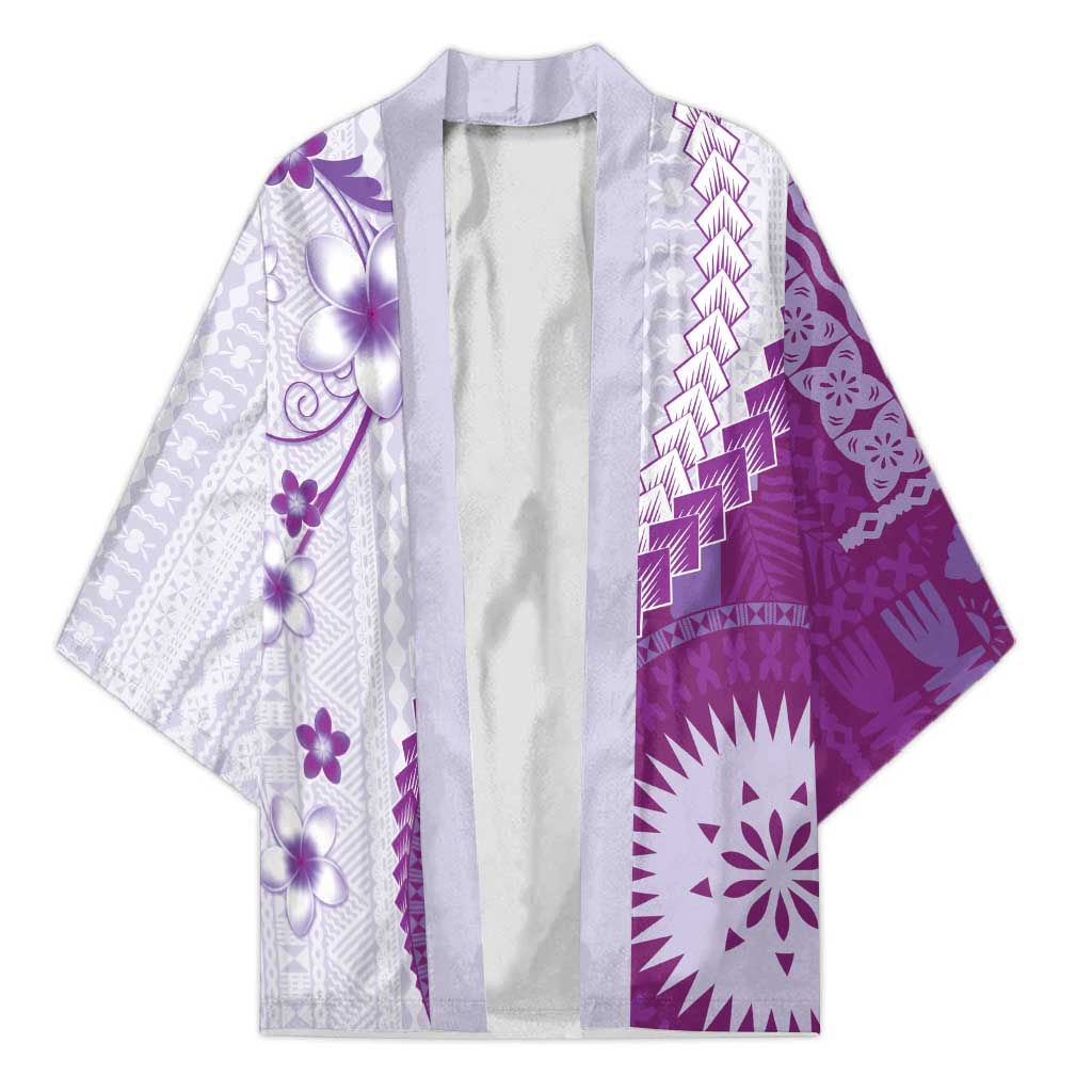 Bula Fiji Kimono Violet Plumeria Masi Tapa Pattern - Polynesian Pride