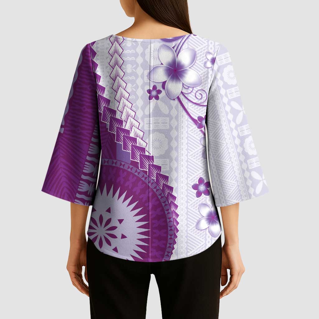 Bula Fiji Kimono Sleeve Blouse Violet Plumeria Masi Tapa Pattern - Polynesian Pride