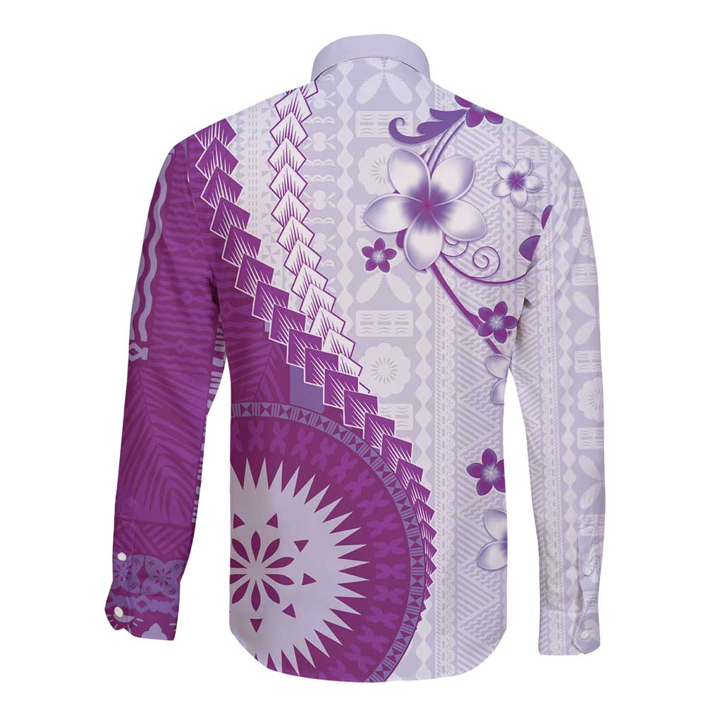 Bula Fiji Long Sleeve Button Shirt Violet Plumeria Masi Tapa Pattern LT05 - Polynesian Pride