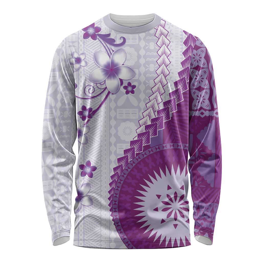 Bula Fiji Long Sleeve Shirt Violet Plumeria Masi Tapa Pattern LT05 Unisex Violet - Polynesian Pride