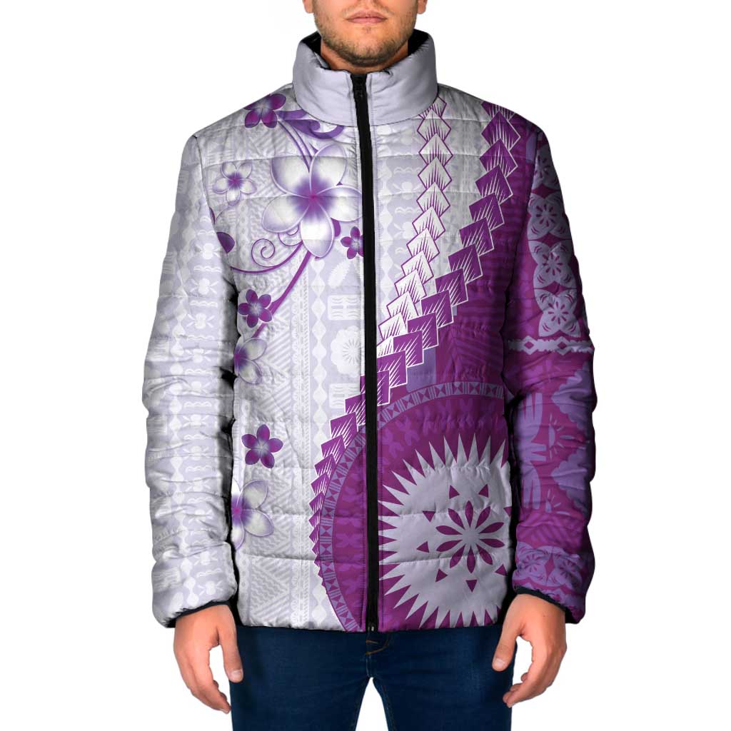 Bula Fiji Padded Jacket Violet Plumeria Masi Tapa Pattern LT05 Men Violet - Polynesian Pride
