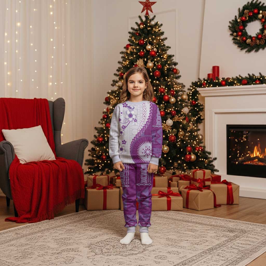 Bula Fiji Christmas Pajama Set Violet Plumeria Masi Tapa Pattern - Polynesian Pride