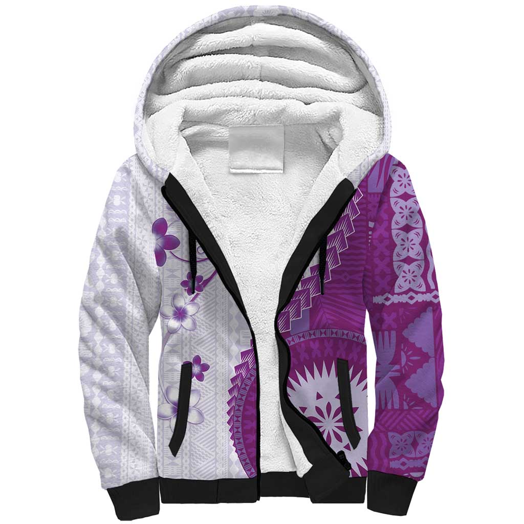 Bula Fiji Sherpa Hoodie Violet Plumeria Masi Tapa Pattern - Polynesian Pride