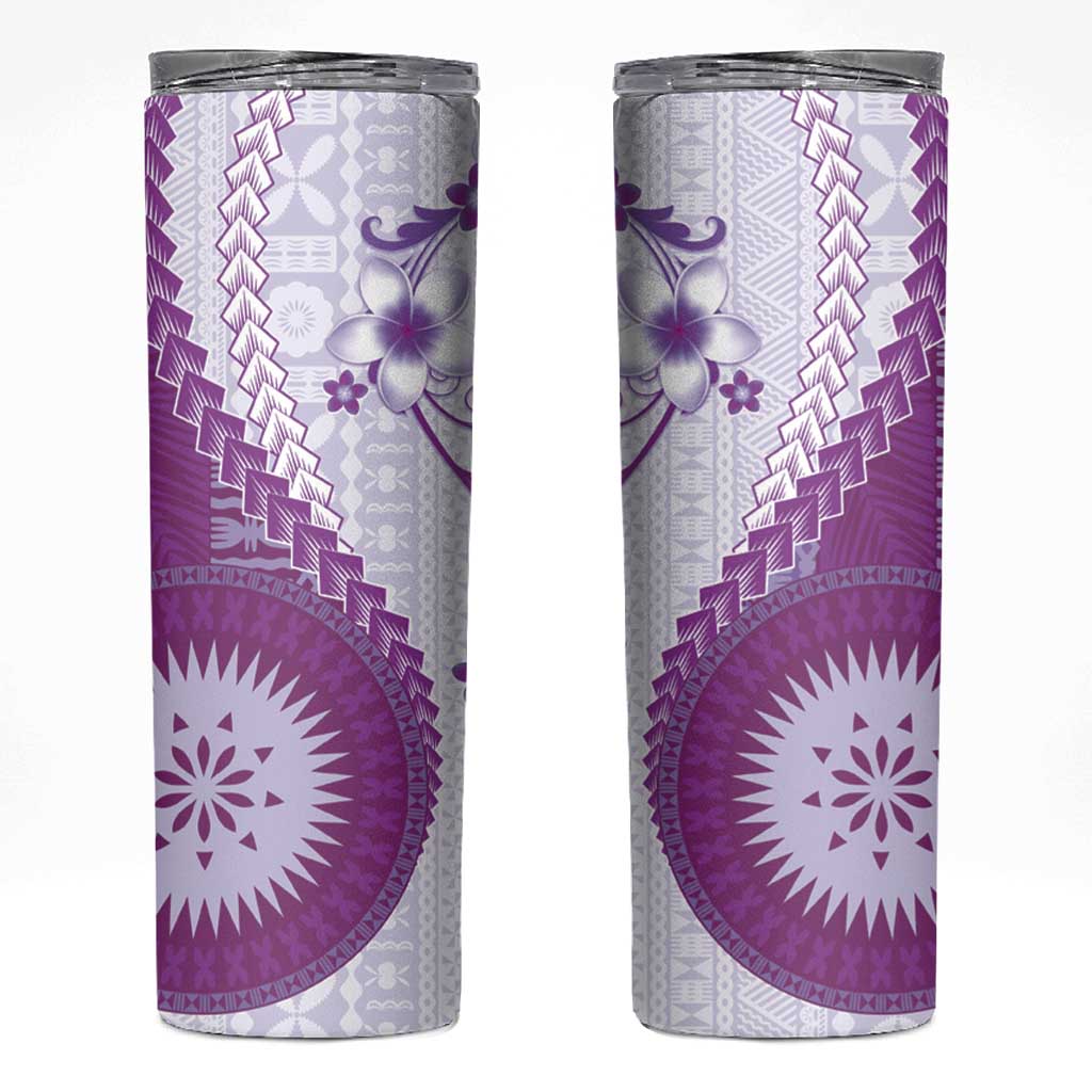 Bula Fiji Skinny Tumbler Violet Plumeria Masi Tapa Pattern - Polynesian Pride