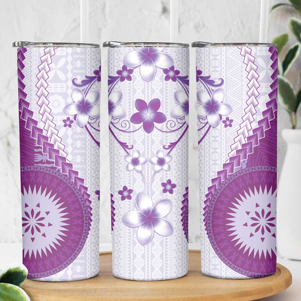 Bula Fiji Skinny Tumbler Violet Plumeria Masi Tapa Pattern - Polynesian Pride