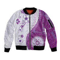 Bula Fiji Sleeve Zip Bomber Jacket Violet Plumeria Masi Tapa Pattern LT05 Unisex Violet - Polynesian Pride