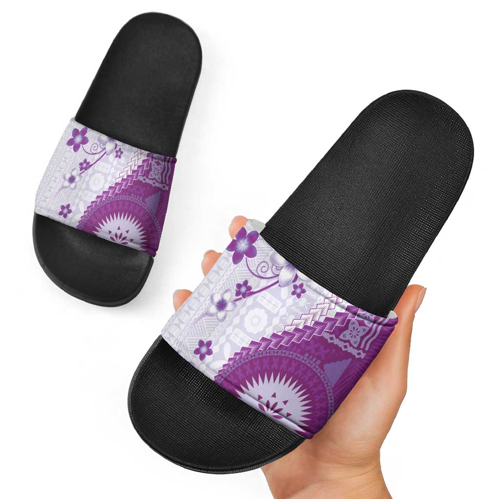 Bula Fiji Slide Sandals Violet Plumeria Masi Tapa Pattern LT05 - Polynesian Pride