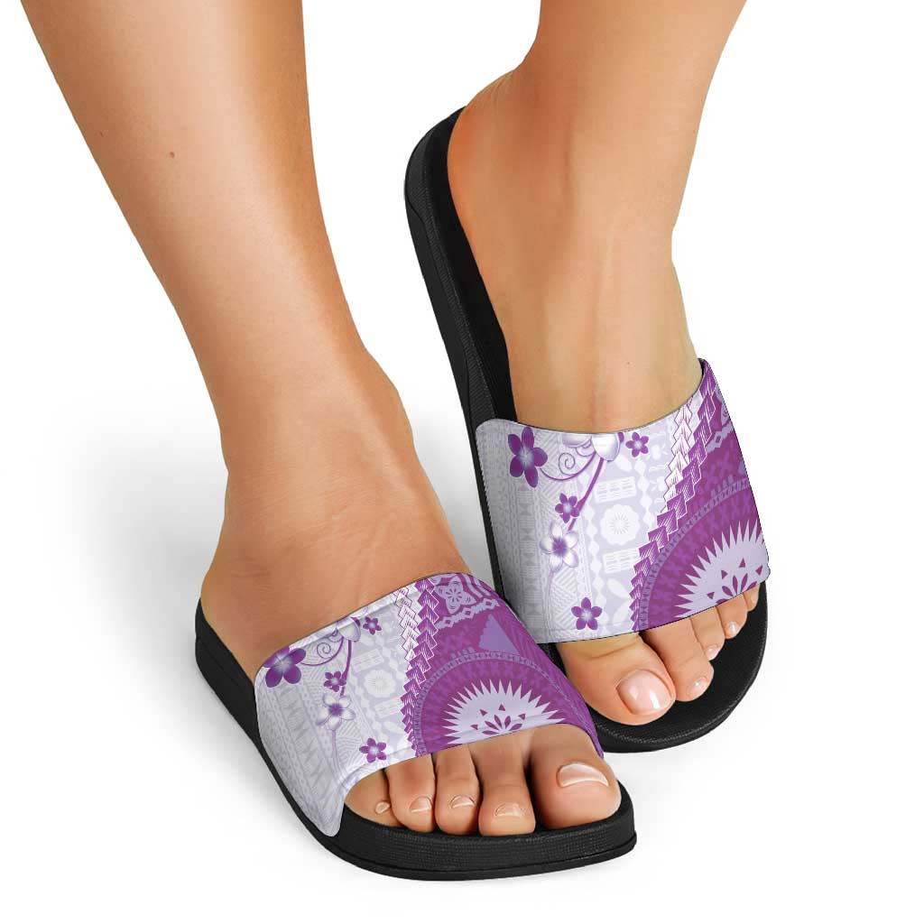 Bula Fiji Slide Sandals Violet Plumeria Masi Tapa Pattern LT05 - Polynesian Pride